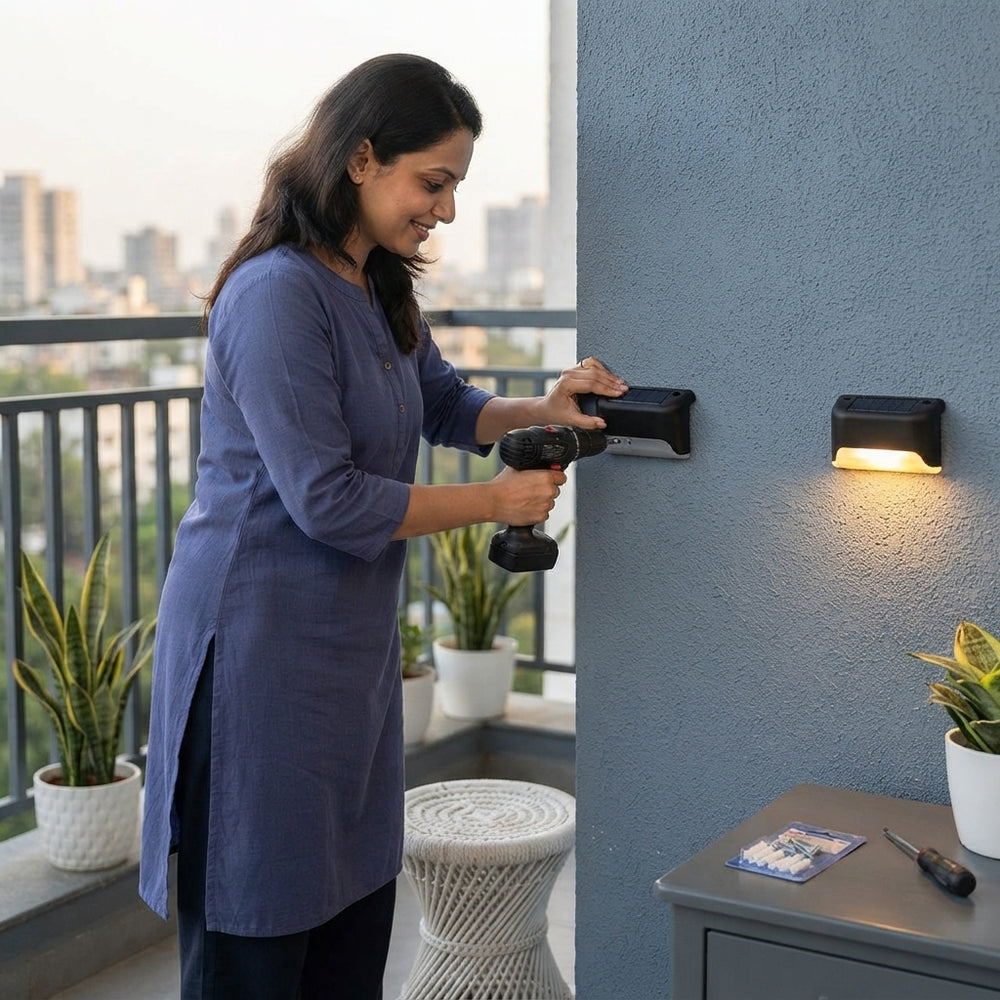 An Indian homeowner installing a modern outdoor solar motion sensor light on a balcony wall.