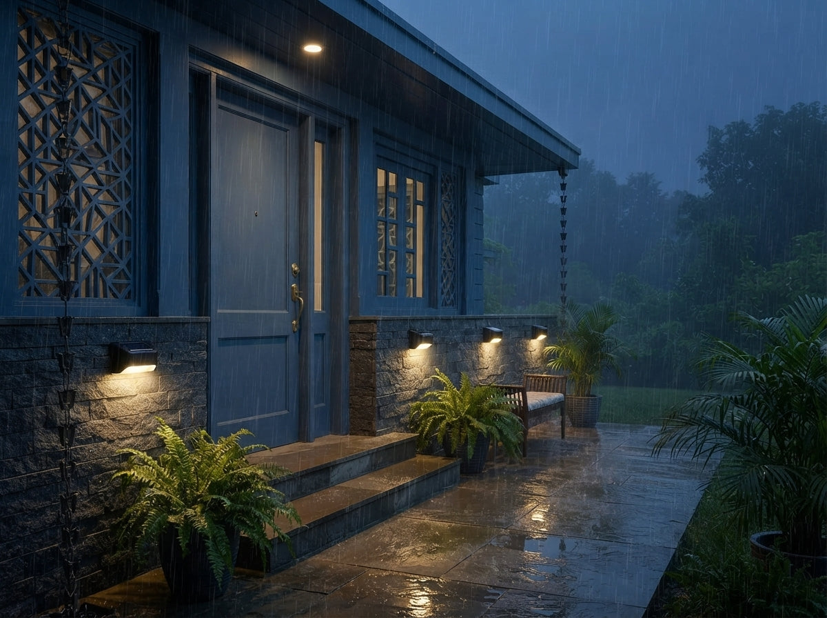 Four solar motion sensor lights mounted on a modern dark wall illuminating a home entrance during a rainstorm.