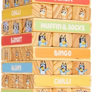 Bluey Tumbling Tower – 54 Colorful Wooden Blocks – Fun Family Game – FSC Certified for Children 3 Years and Up