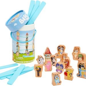 Bluey – Wooden Stacking Game – 25 Build and Balance Pieces with Characters and Sticks in a Storage Tube – FSC Certified for Children 3 Years and Up
