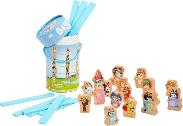 Bluey – Wooden Stacking Game – 25 Build and Balance Pieces with Characters and Sticks in a Storage Tube – FSC Certified for Children 3 Years and Up
