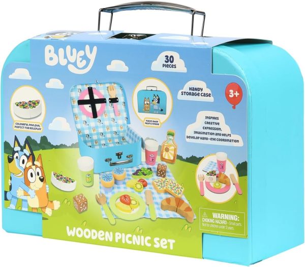 Bluey – Picnic Basket Set – 30 Piece Wooden Roleplay Toy with Carry Case, Cutlery & Pretend Food Accessories for Kids – FSC-Certified Material – Fun Imaginative Kit for 3 Years and Up - Image 9